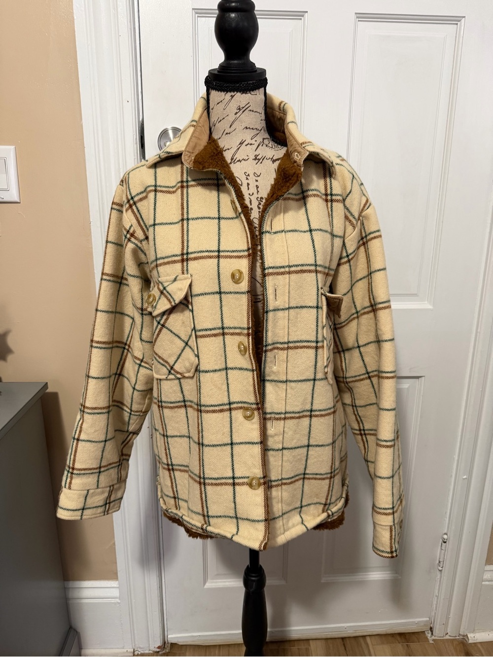 Woolrich Beige Plaid Sherpa-Trim Men’s Puffer Jacket